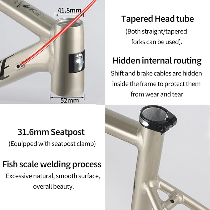 700C Racing Road Bike Frameset 48cm 50cm Aluminum Alloy Disc Brake Bike Frame Thru Axle F12*100MM R12*142MM BSA BB68mm Carbon Fibre Rigid Fork(Light Gold,50cm)