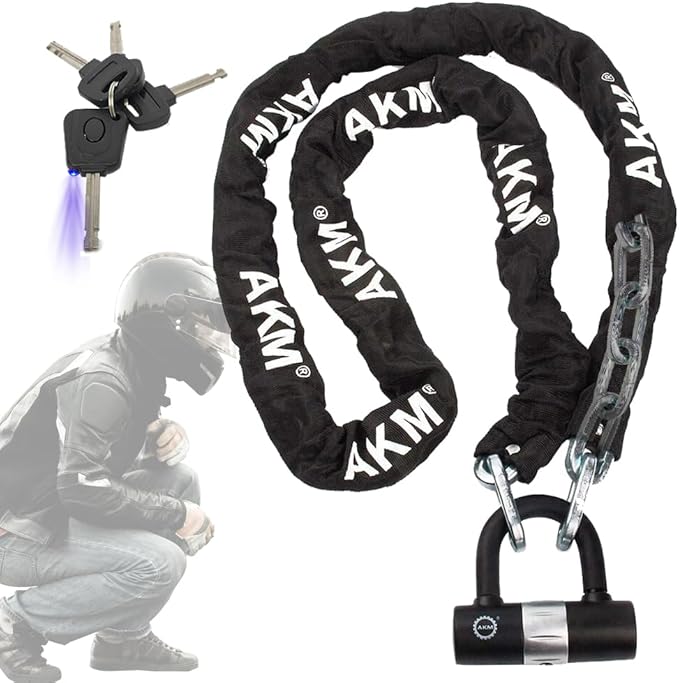 AKM Motorcycle Lock 6.56ft/200cmx10mm Thick Anti-Theft Heavy Duty Chain Locks with 4 Keys Security 16mm U Lock Disc Lock,Super Long Durable Bike Chain Lock for Motorcycles,Containers,Trailers