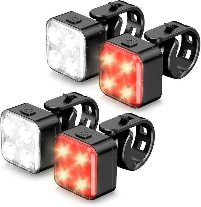 Akale Bike Lights Set, Rechargeable Bicycle Lights Front and Rear, 4 Light Mode Options, Bike Headlight, IPX4 Waterproof, Easy to Install for Men Women Road （ 2 Pack ）