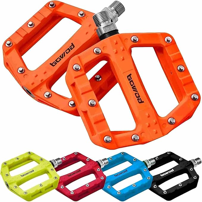 Flat MTB Bicycle Pedals Mountain Bike Colored Pedals, Glass-Fiber Nylon Composite Platform Pedal w 9/16" Sealed Cr-Mo Spindle, BMX Gravel Road Bike Pedals Clipless for Adult Women Youth Bikes