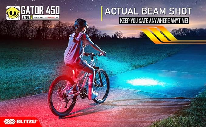 Bike Lights for Night Riding, Super Bright Bicycle Reflectors, USB Rechargeable Bike Lights Front and Back, Water-Resistant, 4+5 Modes Headlight Taillight Set for Safety, Men, Women & Kids Gator 450
