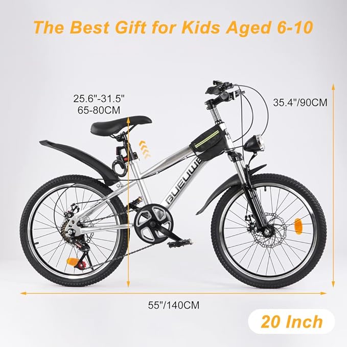 Bueuwe 20 24 Inch Kids Mountain Bike, Children Bicycles for Boys and Girls Ages 6-12, 7 Speed Teenager Bikes with Disc Brakes, Adjustable Handlebars and Seat, Kickstand (Silver, 20 Inch)