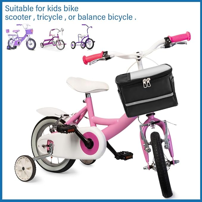 Kids Bike Basket, Front Frame Scooter Basket Bag, Bicycle Handlebar Bag for Boys Girls with Zipper, Bike Decoration for Most Children's Bikes Like Tricycle, Balance Bik-e(COLOR:Black)