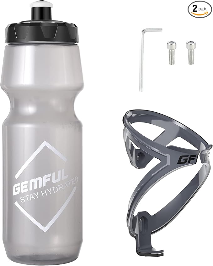 GEMFUL 24 oz Cycling Water Bottle and Cage Set BPA Free Bike Water Bottle Holder Combo Lightweight Leakproof Drink Bottles fits MTB Mountain Road Bicycle Sports Gym Workout
