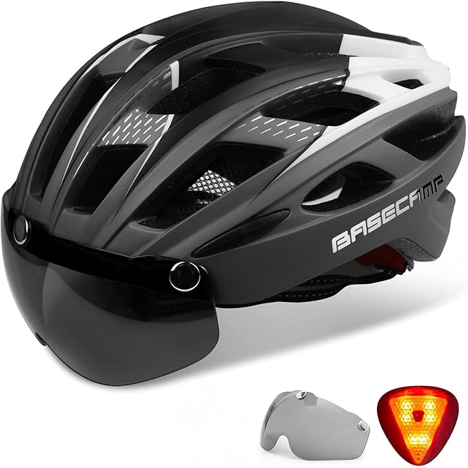 Bike Helmet, Basecamp Bicycle Helmet with Rear Light & Detachable Magnetic Goggles Lightweight Cycling Helmet Adjustable for Adult Men Women Mountain & Road (BC-069)