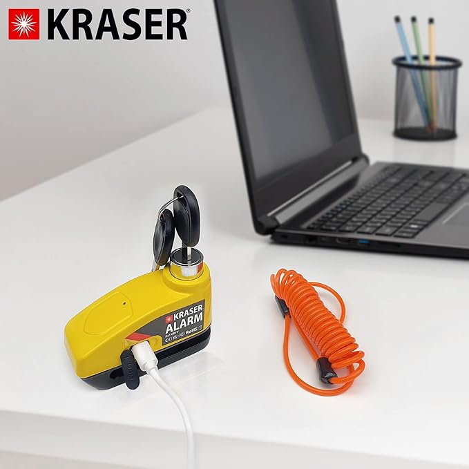 KRASER KR7Y Alarm Disc Lock USB Rechargeable Battery, 110dB Motion Sensor, Waterproof +Visible, 7mm Pin, Carry Pouch, Universal Anti Theft Wheel Brake Lock for Motorcycle Scooter Bicycle Electric Bike