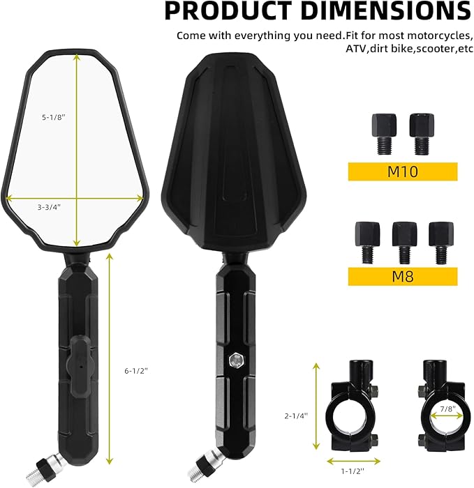 Adventure Motorcycle Mirrors - Universal 7/8" Handlebar ATV Mirrors, 360 Adjustable M10 M8 Black Foldable Rear View Mirror Compatible with ATV, Scooter, Street Bike, Dirt Bike, Snowmobile and More