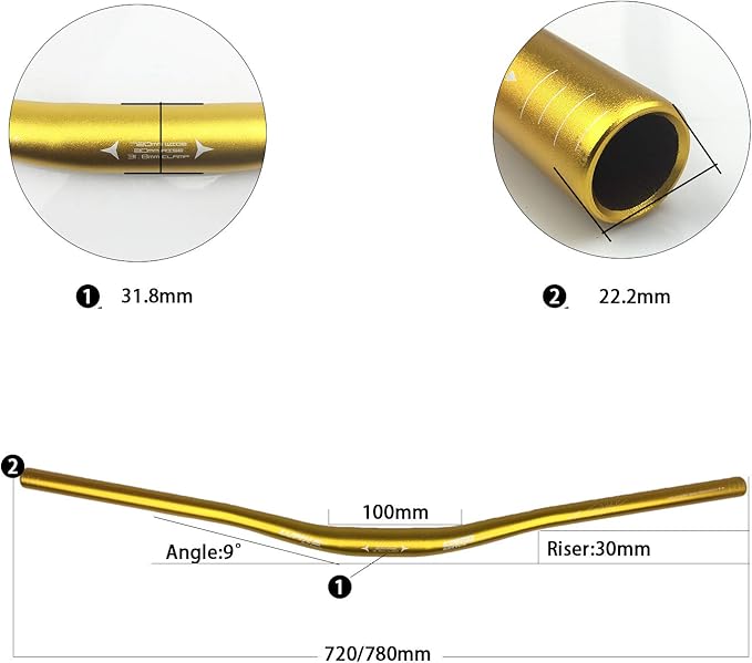 Wake 31.8mm MTB Mountain Bike Handlebar, Aluminum Alloy Mountain Bike Bicycle Riser Handlebar Extra Long 720/780mm with Paint Matte Surface (Gold, 780mm)