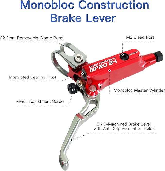 ZTZ IIIPRO E4 MTB Hydraulic Disc Brake Set, 4-Piston Hydraulic Brake Kit with Ceramic Brake Pads for Mountain Bike（Pre-Bled, Front 800mm and Rear 1550mm）