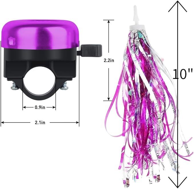 Kids Bike Bell with Streamers, Purple and Green, Unicorn and Dinosaur Theme, Bicycle Accessories