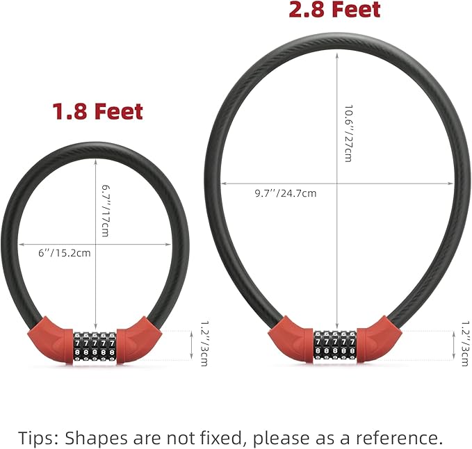 ROCKBROS Bike Lock 5 Digit Cable Lock Lightweight Bicycle Lock Bike Lock Combination Portable Lock for Bike Red