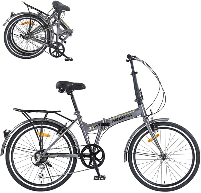 24 Inch Folding Bike for Adults, Steel Frame Single Speed City Commuter Bicycle, Dual V-Brake Portable Compact Bike with Fenders for Men Women