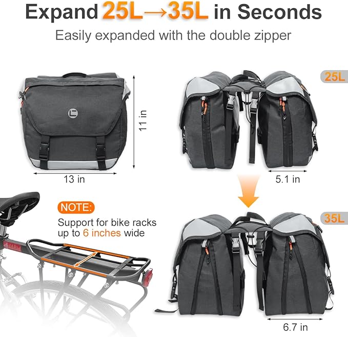 Bike Panniers for Rear Rack, 25L-35L Expandable Double Bicycle Saddle Bag, Water-Resistant Cycling Luggage Pack with Secure Drawstrings & Reflective Trims for Ebike Commuter Grocery Travel