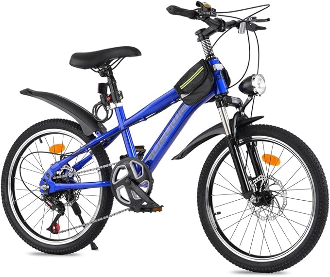 Bueuwe 20 24 Inch Kids Mountain Bike, Children Bicycles for Boys and Girls Ages 6-12, 7 Speed Teenager Bikes with Disc Brakes, Adjustable Handlebars and Seat, Kickstand (Blue, 24 Inch)