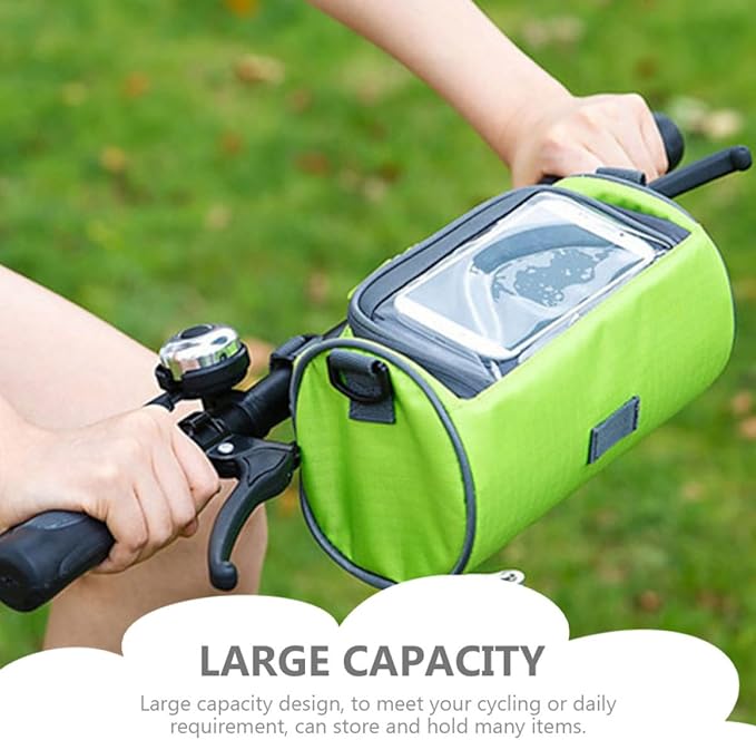 Bike Handlebar Cylinder Pouch Waterproof Front Frame Cellphone Bag with Touchscreen for Mountain Bikes, Portable Cycling Storage in Green