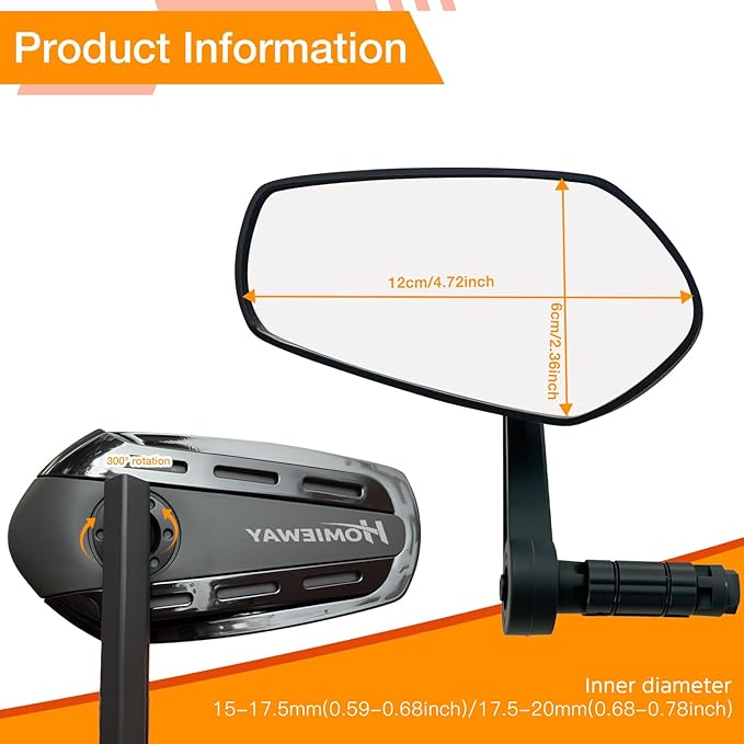 Bike Mirror for Handlebar, Bar End Bicycle Mirror, Anti-glare HD Glass Lens 360° Adjustable Rear View Mirror for E-bike, Mountain Bike, City Bikes & Scooter (Left 0.59-0.78")