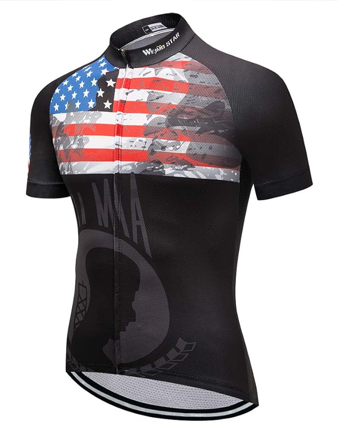 Cycling Jersey Short Sleeve USA Style Bike Tops with Pocket Reflective Stripe
