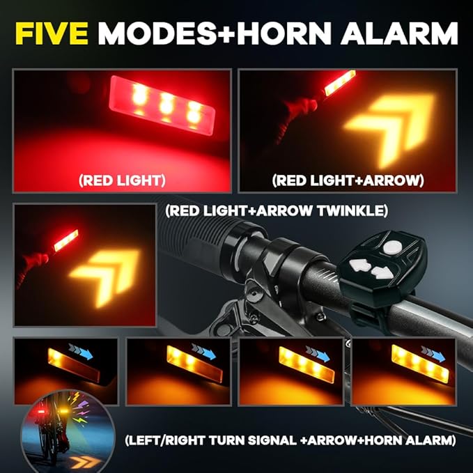Bike Tail Light with Ultra-Bright Turn Signal Projection, 5 Modes-Wireless Horn Alarm Bicycle Tail Light 30 LED IPX4 Waterproof USB Rechargeable Rear and Front Cycling Lights for Road Safety