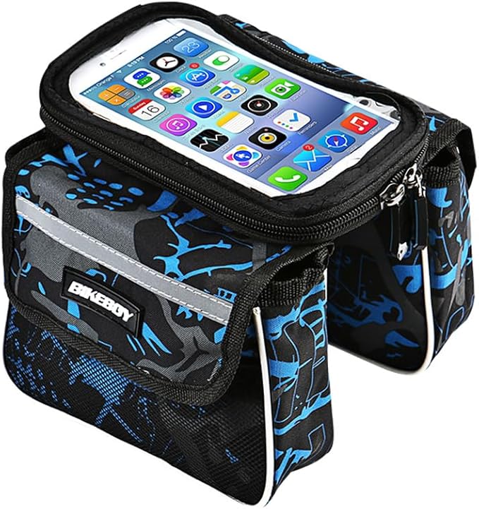 Bicycle bag, cycling touch screen mobile phone, mountain bike crossbeam, saddle front beam, upper pipe bag for men and women's clothing (blue)