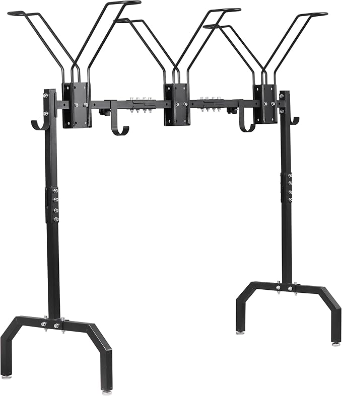 Cycle Storage Organizer Rack for 3 Bikes, Portable Bicycle Parking Rack with 4 Hooks, Bikes Floor Stand for Garage/Home/Indoor/Outdoor Use