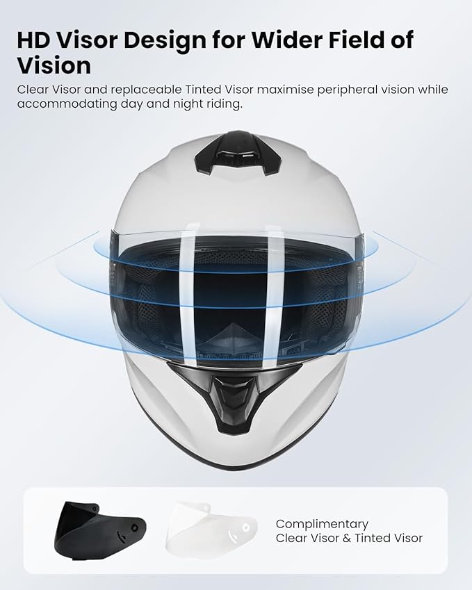ILM Full Face Motorcycle Street Bike Helmet with Enlarged Air Vents, Free Replacement Visor for Men Women DOT Approved Model ST-06 (White, Large)