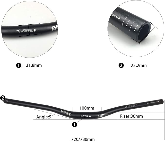 Wake 31.8mm MTB Mountain Bike Handlebar, Aluminum Alloy Mountain Bike Bicycle Riser Handlebar Extra Long 720/780mm with Paint Matte Surface (Black, 720mm)