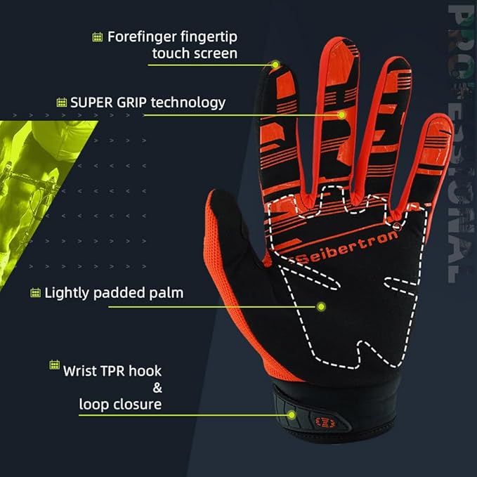 Seibertron Unisex BMX MX ATV MTB Racing Mountain Bike Bicycle Cycling Off-Road/Dirt Bike Gloves Road Racing Motorcycle Motocross Sports Gloves Touch Recognition Full Finger Glove
