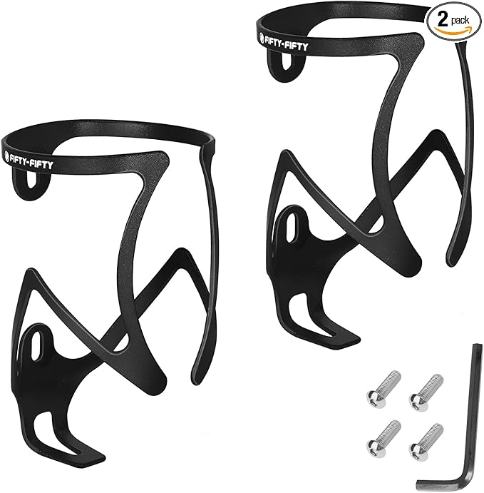 FIFTY-FIFTY 2-Pack Bike Water Bottle Holder, Aluminum Alloy Water Bottle Cage, Lightweight Bicycle Cup Holder Rack with Screws Tool, Universal Bicycle Drink Cage for MTB, Road Bike (Black)