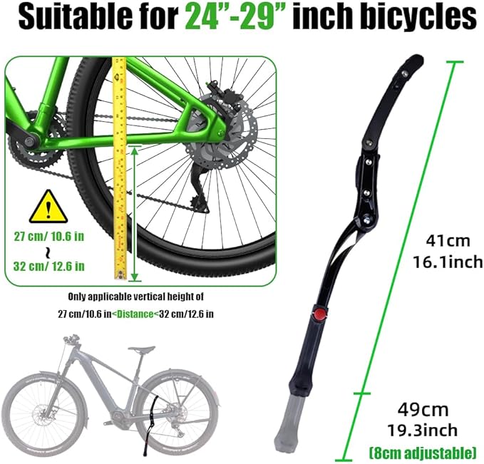RBRL Bike Kickstand Aluminium Alloy, Bicycle Side Stand Universal for 26''-29'', Stable Bicycle Kickstand for Mountain Bike/Road Bike/MTB, Height Adjustable with Non-Slip Rubber Foot