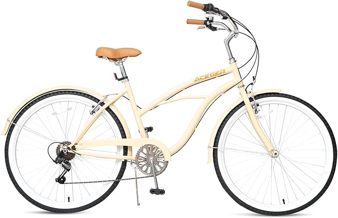ACEGER 24 26 Inch Women Beach Cruiser Bike, Single Speed and 7 Speed, Adult Hybrid Bike Commuter Bicycle, Hi-Ten Steel Frame with Adjustable Handlebar and Saddle, Multiple Colors