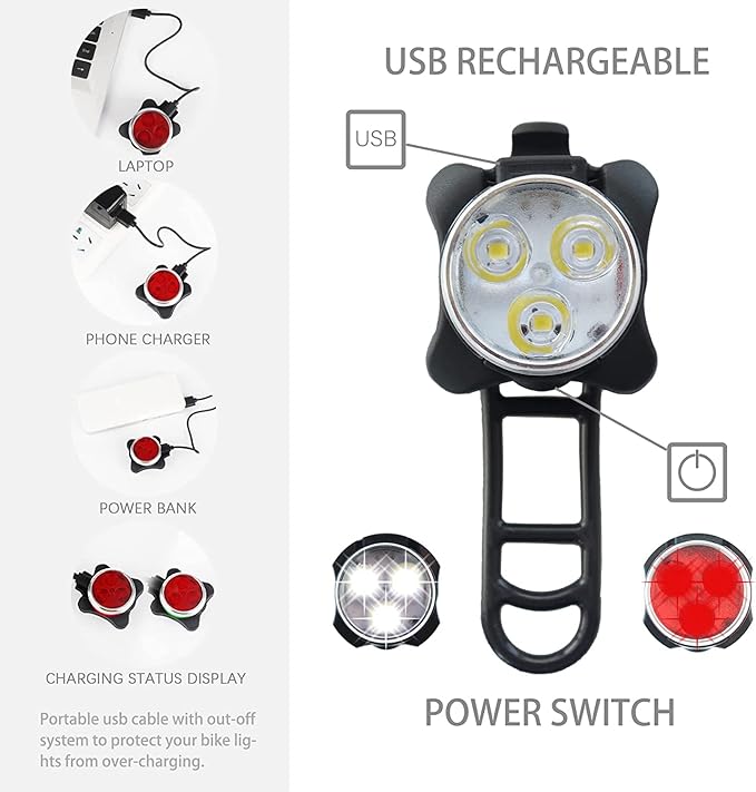 Rechargeable LED Bike Light Sets, Super Bright Front Headlights and Rear LED Bicycle Lights, 650mah Lithium Batteries