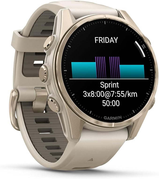 PlayBetter Garmin Fenix 8 AMOLED Sapphire (43mm, Soft Gold/Dark Sandstone) Multisport GPS Smartwatch Bundle - 1.3” Touchscreen, Built-in LED Flashlight Wireless Running Earbuds