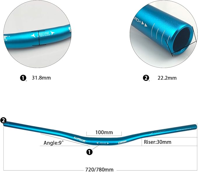 Wake 31.8mm MTB Mountain Bike Handlebar, Aluminum Alloy Mountain Bike Bicycle Riser Handlebar Extra Long 720/780mm with Paint Matte Surface (Blue, 780mm)