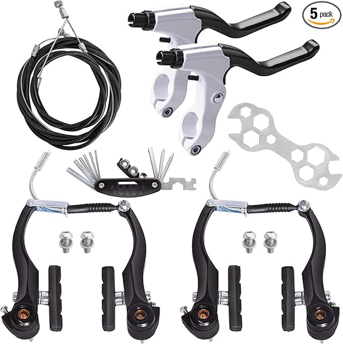 DISIWENE Complete V-Type Bike Brake Set, Front and Rear Bike MTB Brake Inner and Outer Cables and Lever Kit Includes Calipers Levers Cables (Black&White-4Pcs)