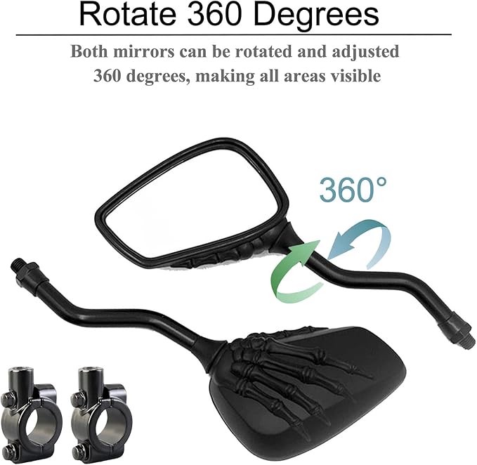 Pairs of Distinctive Skull Skeleton Hand Bicycle Mirror, Rearview Side Mirror Handlebar Mirror Mount Holder Clamp Adaptor 10mm for Scooter Moped Bike Standard Bike Motorcycle