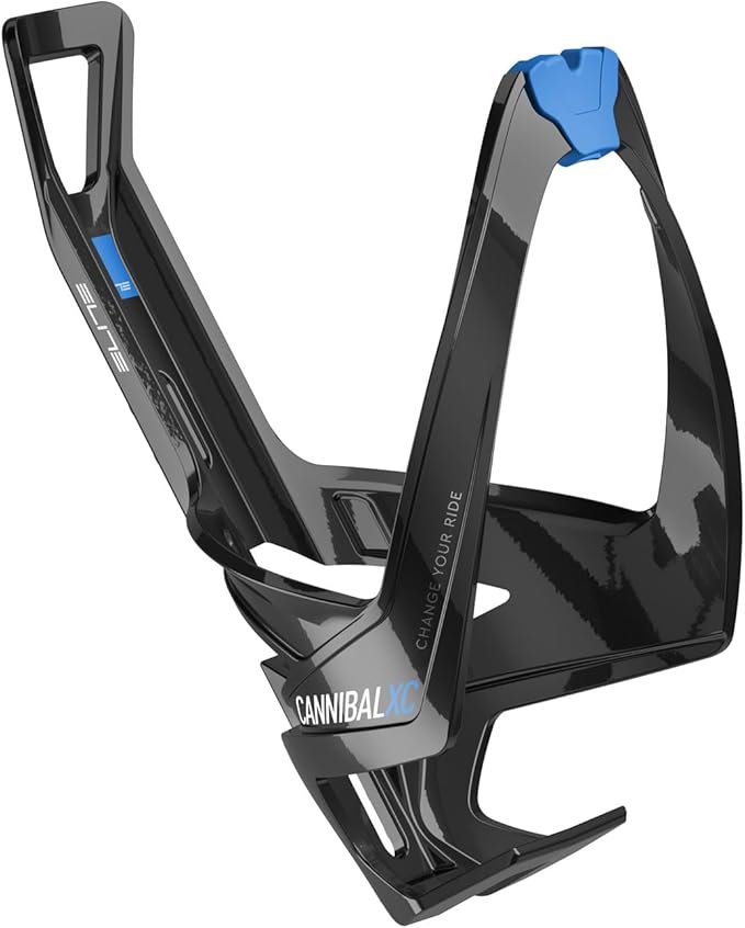 Elite Cannibal XC Bio-Based Bottle Cage, Black Glossy, Blue Graphic – Lightweight and Secure for All Terrains