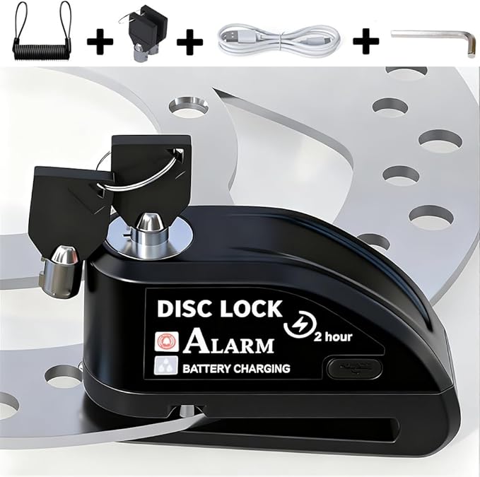 Motorcycle Alarm disc Brake Lock - USB Rechargeable, 130 Decibel Sound, Anti-Theft and Waterproof, Suitable for Various Bicycle and Motorcycle Models. with Reminder Rope and hex Wrench. (Black)