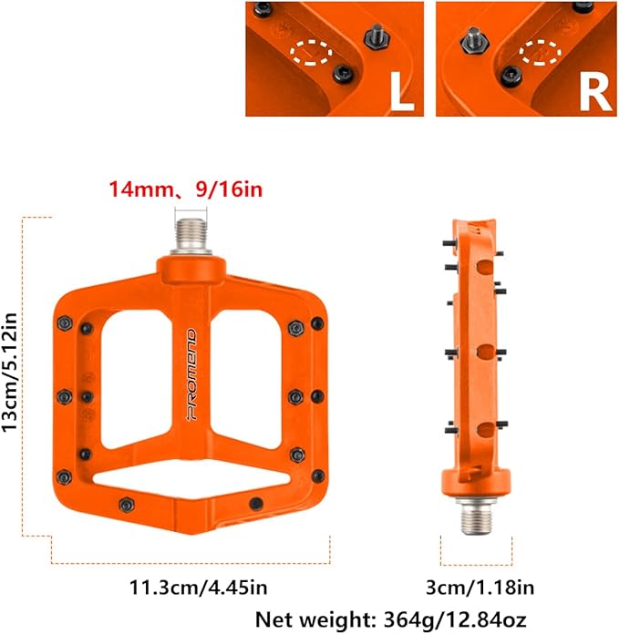 Enlarge Bike Pedals - Nylon Bicycle Pedals, Road Bike Pedals, Mountain Bike Pedal with Removable Anti-Skid Nails - 5.12 * 4.45inch