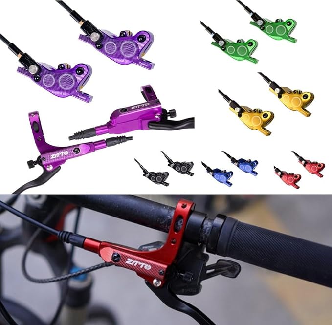 Bicycle Hydraulic Disc Brake Set with Four-Piston Calipers and Aluminum Alloy Construction for Mountain Bike Off-Road and Urban Riding Front/Rear Hose Included(Purple)