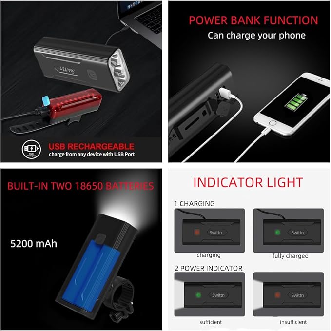 3000 Lumen Super Bright Bike Lights,5200mAh Runtime 10+ Hours,Rechargeable Bicycle Lights Front and Back for Night Riding,5 Light Modes,Easy to Install for Men Women Kids Road Mountain Cycling