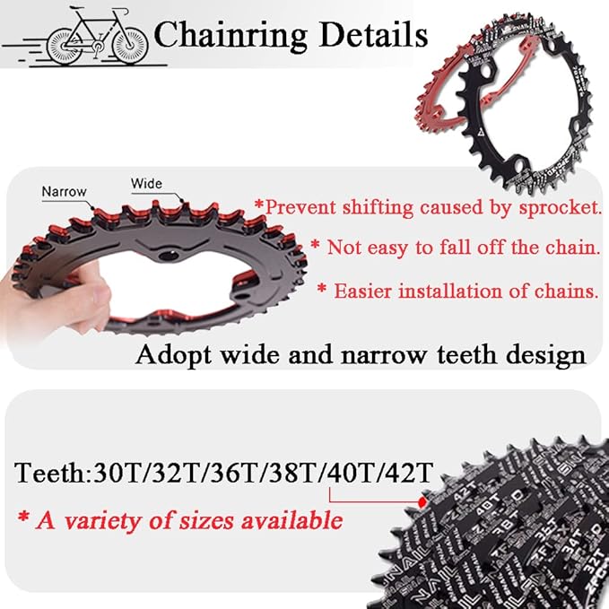 BUCKLOS IXF 104 BCD 30-52T Mountain Bike Crankset -Hollow Integrated MTB 170mm Crank Set- Aluminum Alloy Bike Crankset with Narrow Wide Tooth Chainring Bottom Bracket Bolts (Black/Red)