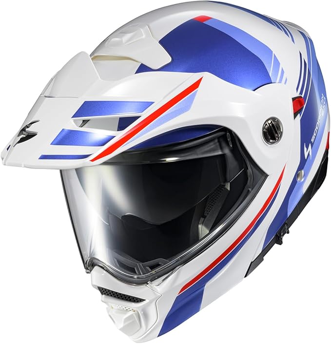 ScorpionEXO AT960 Modular Adventure Street Motorcycle Helmet with Bluetooth Ready Speaker Pockets DOT ECE Approved Monk (White/Blue - Small)