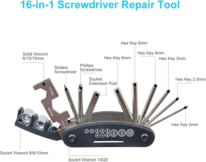 Bike Repair Kit Contains 16-in-1 Tool, 120Psi Mini Bicycle Pump, Tire Patch, Used for Mountain/Road Bike.(Blue)