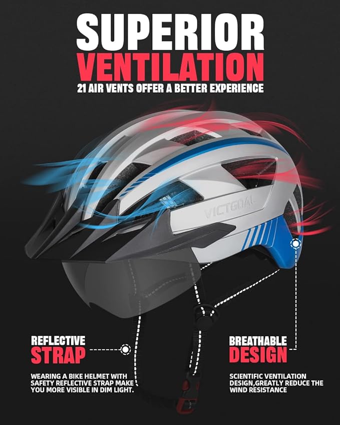VICTGOAL Bike Helmet with USB Rechargeable Rear Light Detachable Magnetic Goggles Removable Sun Visor Mountain & Road Bicycle Helmets for Men Women Adult Cycling Helmets