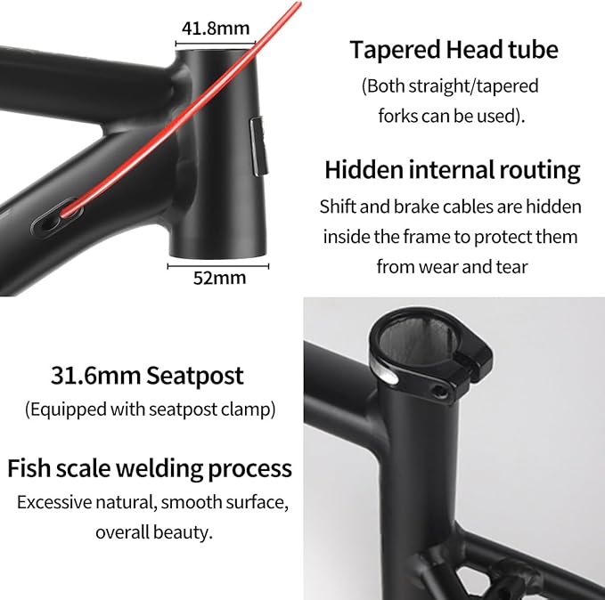 700C Racing Road Bike Frameset 48cm 50cm Aluminum Alloy Disc Brake Bike Frame Thru Axle F12*100MM R12*142MM BSA BB68mm Carbon Fibre Rigid Fork(Black,48cm)