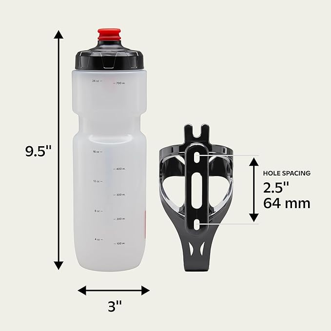 Schwinn Translucent Sport Water Bottle with Holder for Bicycle, 26 oz, BPA-Free, Dual-Stage Nozzle, Ergonomic Design, Cage Easily Mounts to Bike, Hydration Tracking, Bike Water Bottle Holder Combo
