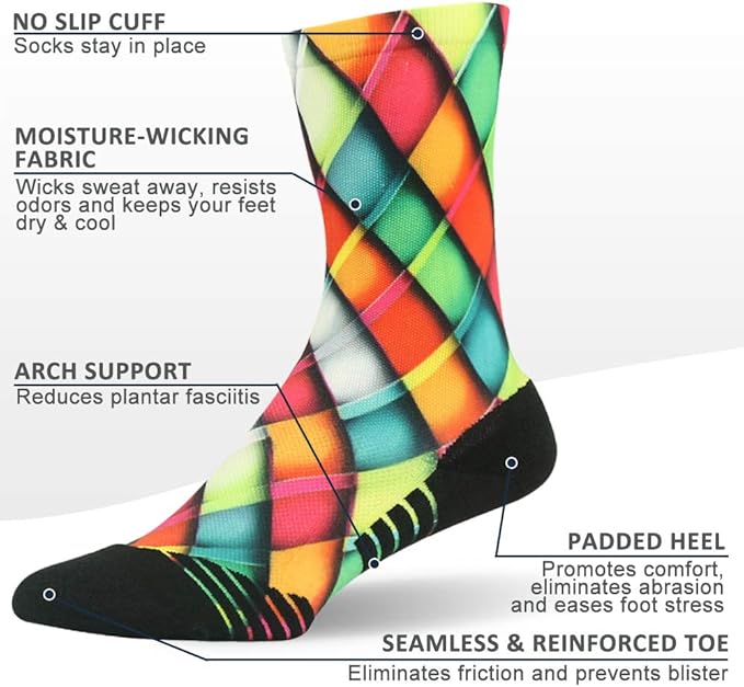 HUSO Cycling Socks for Men Women, Novelty Bike Socks Fun Running Basketball Athletic Crew Socks 3, 4, 7 Pairs