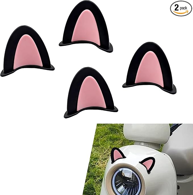 2 Pairs Cute Cat Ears Helmet Decorations, Removable Kitty Ear Stickers, Self Adhesive Kitty Ear Attachments, Universal for Most Bike, Electric Scooter & Motorcycle Helmets (Black & Pink)