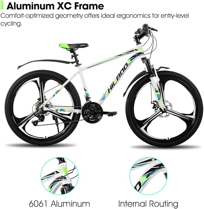 HILAND 26" MTB Mountain Bike for Men Women Adults, 18-Speed, Disc Brake, Lightweight Aluminum Frame, 3/6 Spoke Wheel