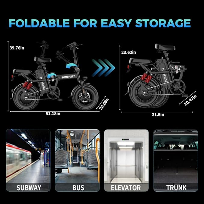 Tomofree 750W Folding Electric Bike, 48V 20AH Removable Battery, 20-25MPH, 14''x 2.1'' Tire, 25-35miles PAS, Front/Full Suspension, 200lbs Load Ebike for Adult, Adult Electric Bicycles for Commute